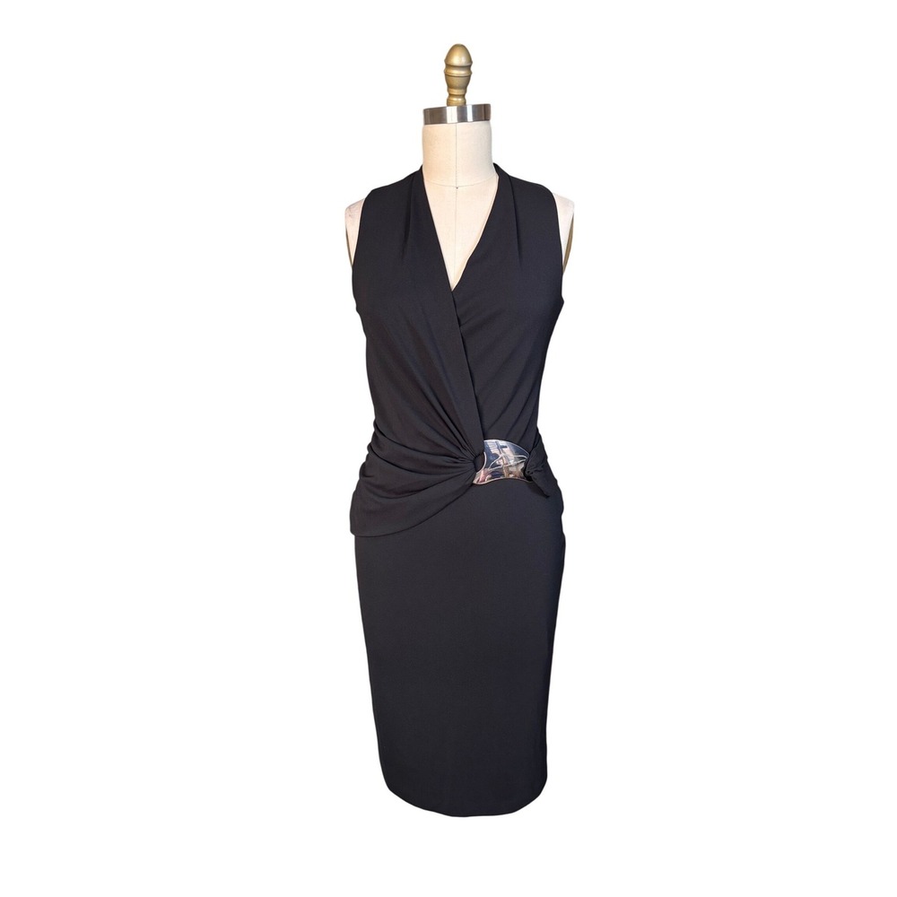 Cocktail Party DKNY Sheath Dress Ruched Metal Accent Bodycon Black Size 4